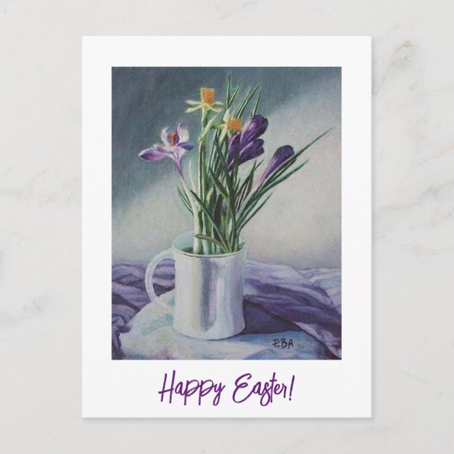 Carte Postale Joyeux Pâques joli crocus violets l'art floral (Devant)