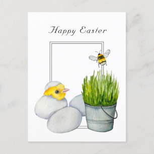 Carte Postale Joyeux Pâques, mignon poussin et bourdon