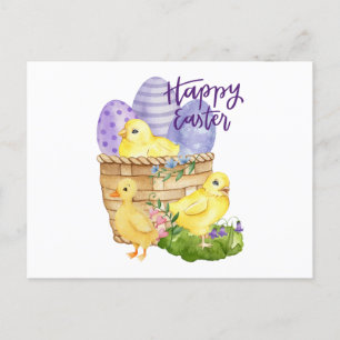 Carte Postale Joyeux Pâques mignonettes et panier d'oeufs de Pâq