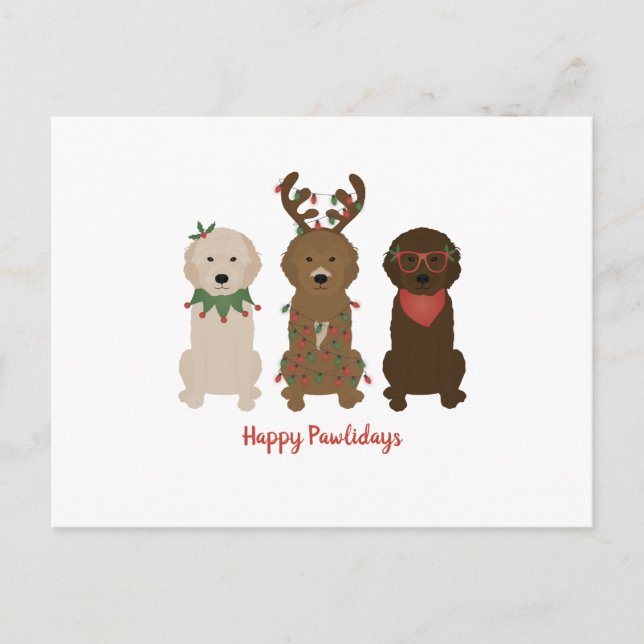 Carte Postale Joyeux Pawlidays Goldendoodle lumières de Noël (Devant)