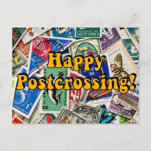 Carte Postale Joyeux Postcrossing ! Collage de timbres vintage