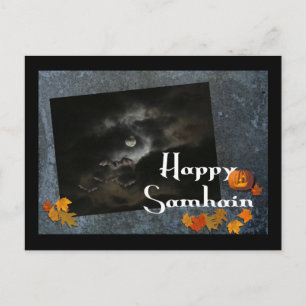 Carte Postale Joyeux Samhain !-chauves-souris, Lune, Citrouille