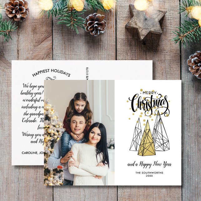 Carte Postale Joyeux sapin de Noël avec photo Festif Gold Black (Créateur téléchargé)