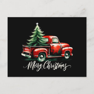 Carte Postale Joyeux sapin de Noël sur Camion Rouge Famille Vint