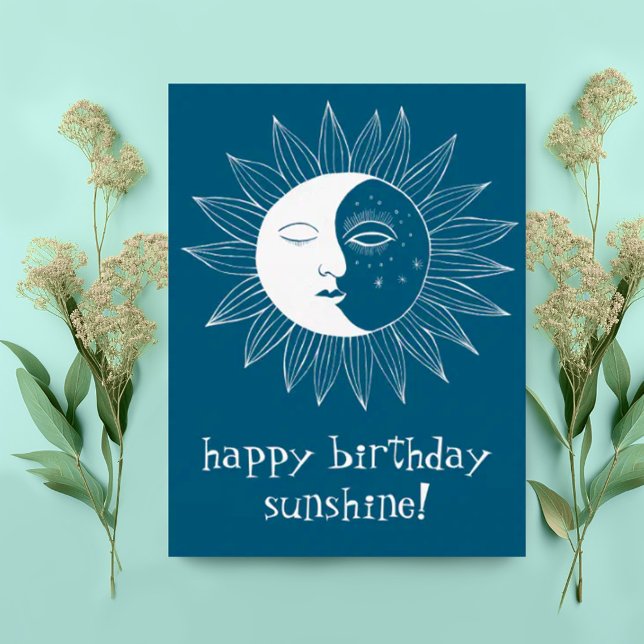 Carte Postale Joyeux soleil et lune HEUREUX anniversaire PERSONN (Sweet happy birthday boho postcard with sun and moon illustration. Add custom text)