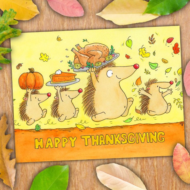 Carte Postale Joyeux Thanksgiving Mignons Hérissons de Dessin An (Créateur téléchargé)