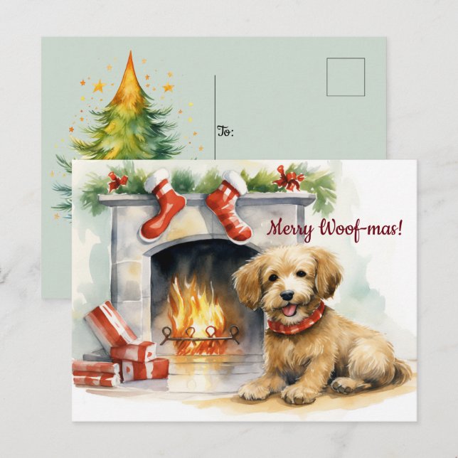 Carte Postale Joyeux Woof-mas Foyer de Chien Noël (Devant / Derrière)