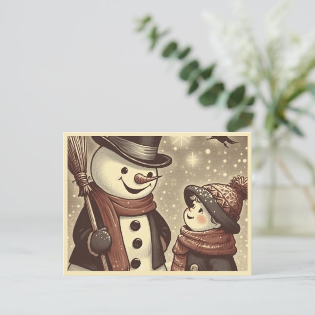 Carte postale Joyful Snowman and Child Cartoon (Debout devant)