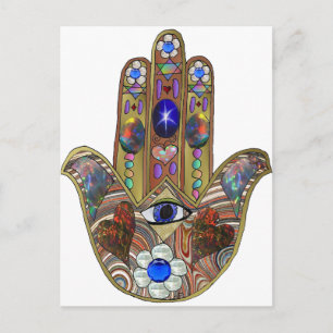Carte Postale Judaica Hamsa Coeurs Fleurs Opal Art Imprimer