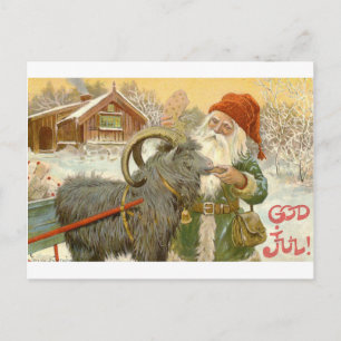 Carte Postale Jultomten nourrit Yule Chèvre un biscuit