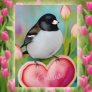 Carte Postale Junco Valentine Heart Cute Tulip Garden Bird +Name