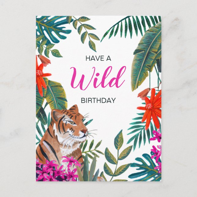 Carte Postale Jungle vert & rose sauvage tropicale tiger d'anniv (Devant)