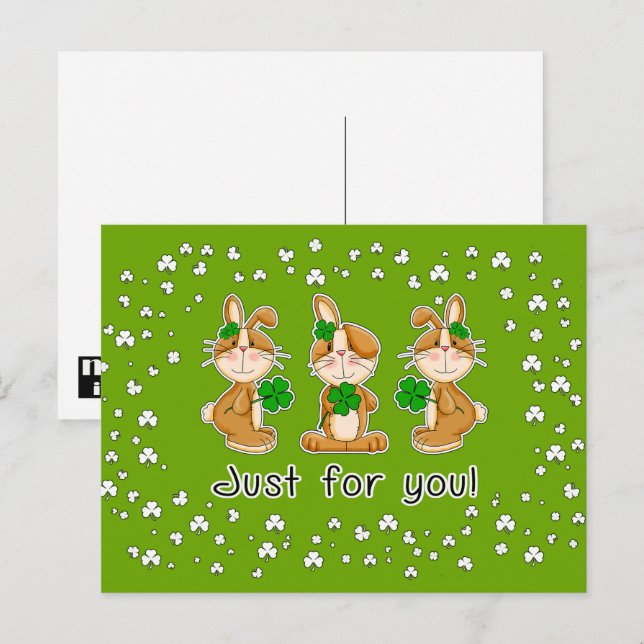 Carte Postale Juste pour vous. Sweet Bunnies St. Patrick's Day (Devant / Derrière)