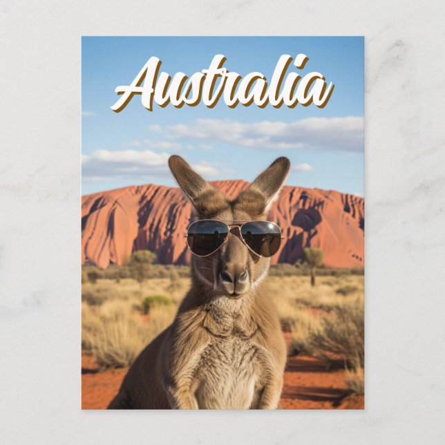 Carte Postale Kangaroo avec lunettes de soleil à Uluru Australie (Devant)