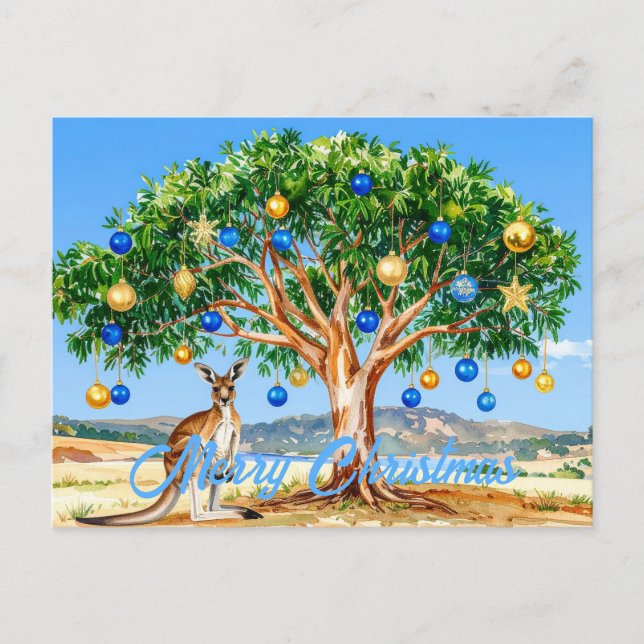 Carte Postale Kangaroo sous le gumtree avec les baubles de Noël (Devant)