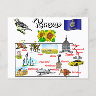 Carte Postale Kansas aux Etats-Unis avec les principales villes