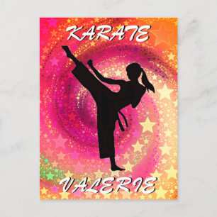 Carte Postale Karate Girl Kick Stars and Swirls Retro
