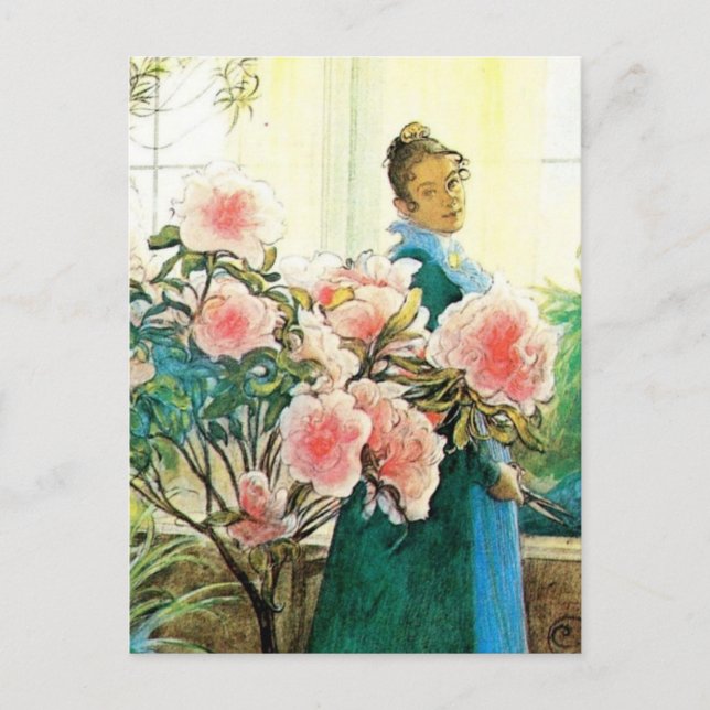 Carte Postale Karin aux fleurs roses et son métier à tisser (Devant)