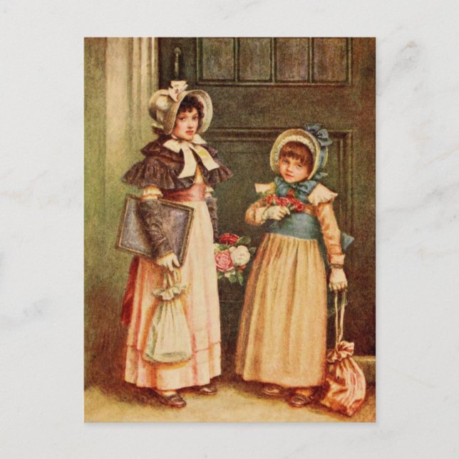 Carte Postale Kate Greenaway : Deux filles allant à l'école (Devant)