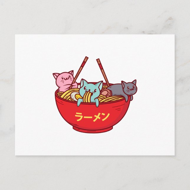 Carte Postale Kawaii Anime Chat Funny Adorable Ramen Japonais (Devant)