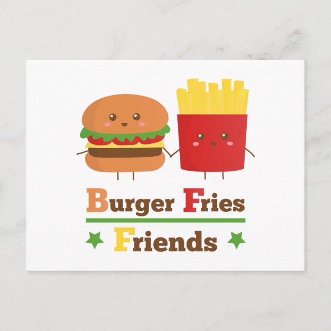 Carte Postale Kawaii Cartoon Burger Fries Friends BFF (Devant)