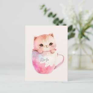 Carte Postale Kawaii Chat Chibi Rose Blushing