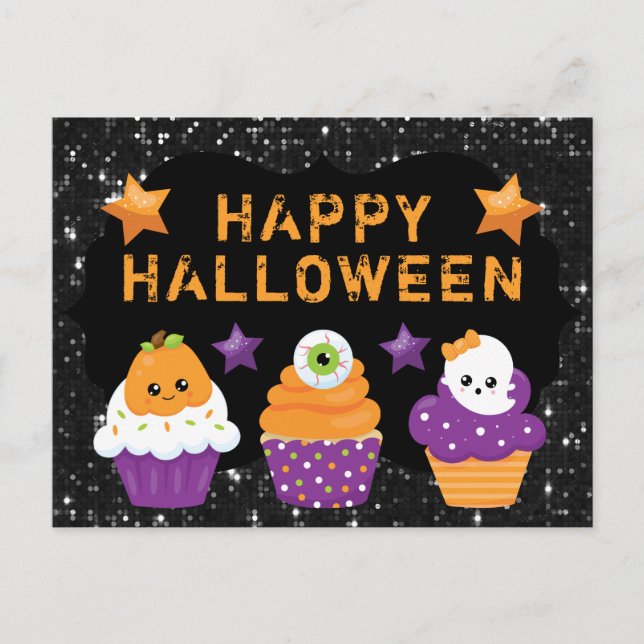 Carte Postale Kawaii Citrouille Eyeball Ghost Cupcakes Halloween (Devant)