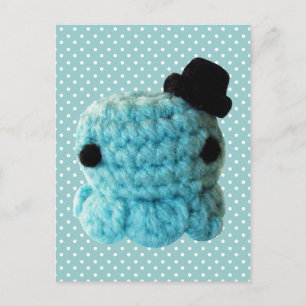 Carte Postale Kawaii Cute Crochet Amigurumi Octopus Top Hat Bleu