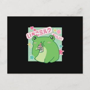 Carte Postale Kawaii Frog boit du lait de fraise
