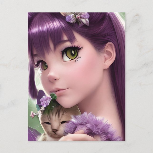 Carte postale Kawaii Girl and Kitten (Devant)
