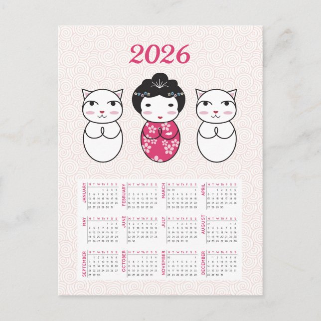 Carte Postale Kawaii Japonais Kokeshi Doll 2026 Calendrier (Devant)