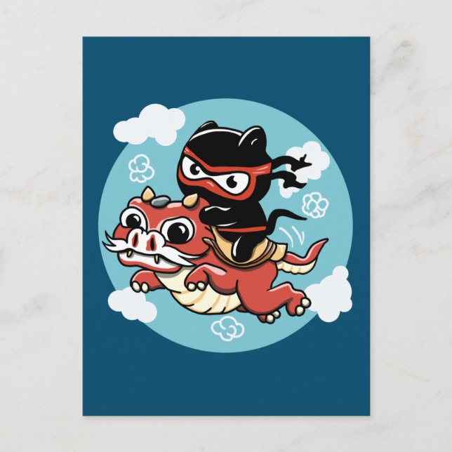 Carte Postale Kawaii Ninja Chat à cheval sur un Dragon Rouge (Devant)