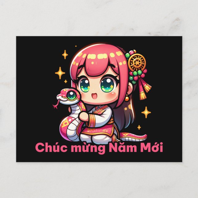 Carte Postale Kawaii Nouvel An Vietnamien Fille et serpent (Devant)