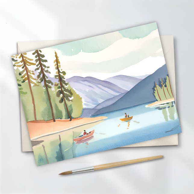 Carte Postale Kayaking le lac | Aquarelle du paysage (Créateur téléchargé)