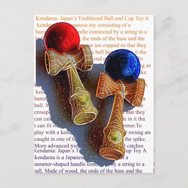 Carte Postale Kendama, rouge et bleu - croquis d'encre couleur (Devant)