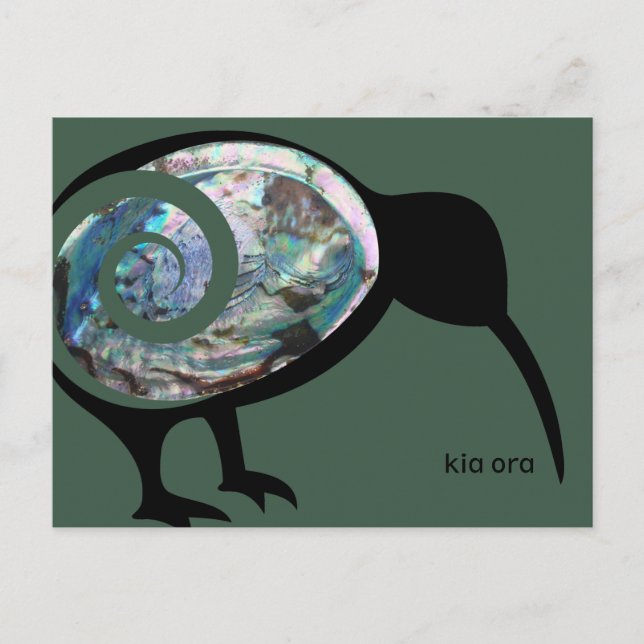 CARTE POSTALE KIA ORA NZ KIWI NOIR PAUA FERN KORU NOUVELLE-ZÉLAN (Devant)