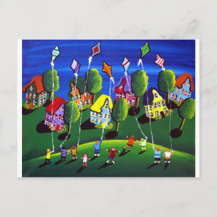 Carte Postale Kids Flying Kites Folk Art