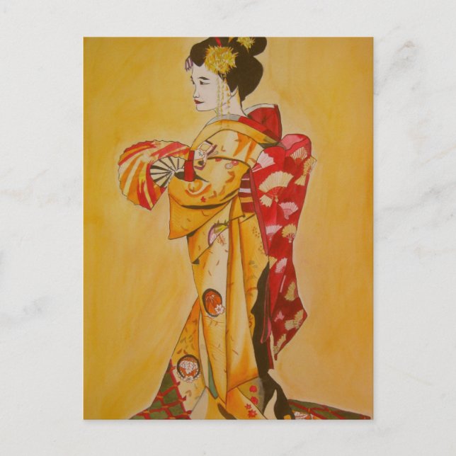 Carte Postale Kimono d'or Geisha aquarelle d'origine (Devant)