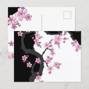 Carte Postale Kimono japonais Sakura noir et blanc