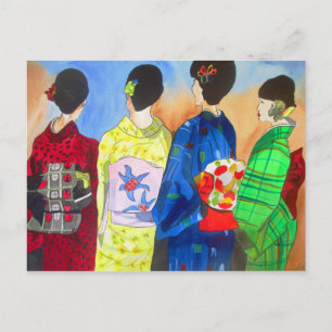 Carte Postale Kimono printemps japonais Geisha aquarelle art