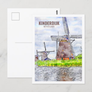 Carte Postale Kinderdijk Pays-Bas Travel Aquarelle Sketch