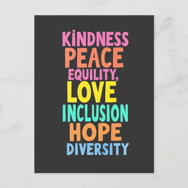 Carte Postale Kindness Peace Equality Love Inclusion Hope Divers (Devant)