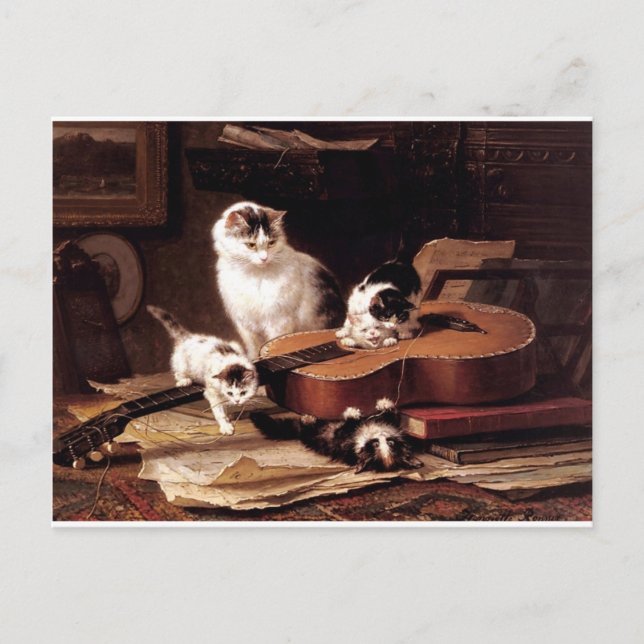 Carte Postale Kittens chat jouer avec la guitare naughty mignon (Devant)