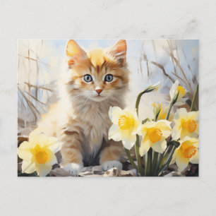 Carte Postale Kitty à l'aquarelle et jonquilles 