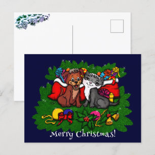 Carte Postale Kitty et chiot, Happy XMas