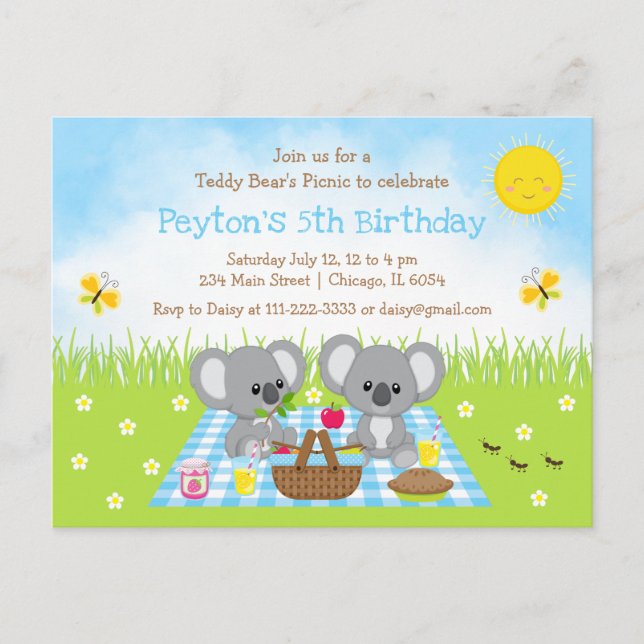 Carte Postale Koala Bear's Picnic Blue En vichy Anniversaire (Devant)
