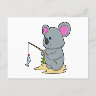 Carte Postale Koala en pêcheur avec canne à pêche et poisson