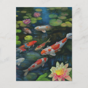 Carte Postale Koi Poisson Natation Lotus Fleur Étang Zen Peintur