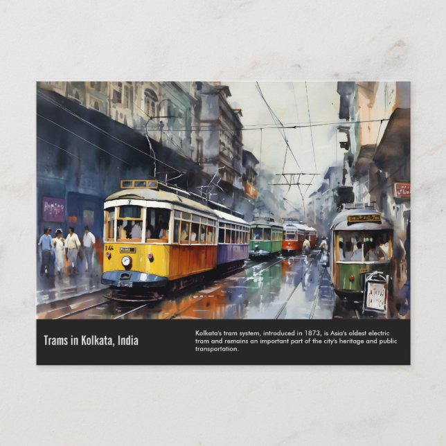 Carte Postale Kolkata Trams aquarelle peinture. (Devant)