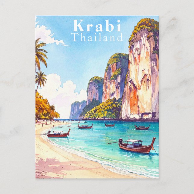 Carte Postale Krabi Thaïlande Falaises et bateaux à longue queue (Devant)
